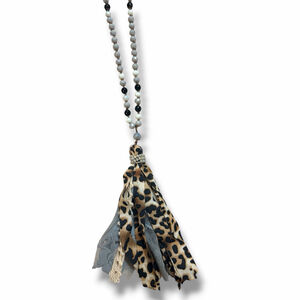 Long Beaded Tassel Necklace Leopard Fabric Pendant Gray Black Boho Statement